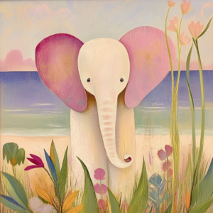 Pastel Baby Elephant by Ocean with Colorful Floral Plants