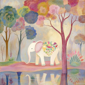 Pastel Baby Elephant in Colorful Tree Forest Whimsical Art