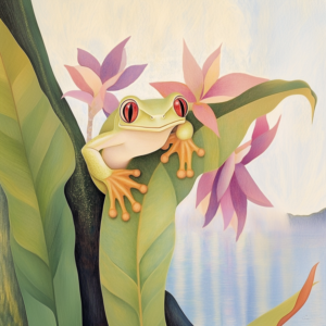 Colorful Tree Frog on Tropical Leaves in Pastel Jungle Scene