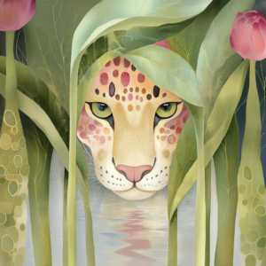 Dreamy Leopard Peeking Through Jungle Leaves by Water Art