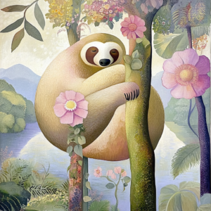 Dreamy Sloth Asleep in Peaceful Jungle with Pink Flowers