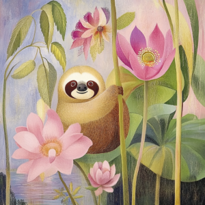 Cute Sloth with Pink Flowers by Water Pastel Jungle Art