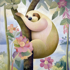 Whimsical Sloth in Floral Jungle with Soft Nature Aesthetic