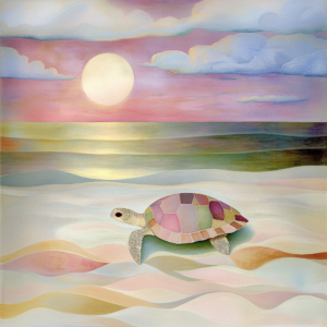 Peaceful Beach Turtle with Coastal Sunset Abstract Pastels