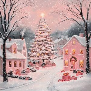 Pink Whimsical Christmas Village Scene with Snowy Tree