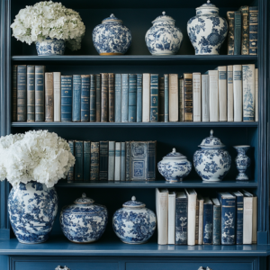 Elegant Blue Bookshelf with Vintage Books and Flowers