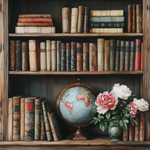 Vintage Bookshelf with Globe and Flowers Bookish Library