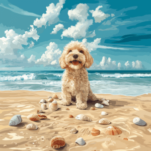 Happy Goldendoodle Surrounded by Shells on Sunny Beach