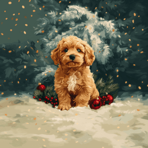 Cute Holiday Goldendoodle Dog in Snowy Christmas Scene