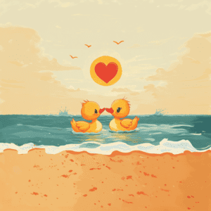 Cute Yellow Ducks at the Beach with Heart Sun and Ocean