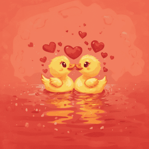 Cute Yellow Valentine Ducks with Red Hearts on Water