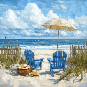 Charming Coastal Beach Picnic with Umbrella and Blue Chairs