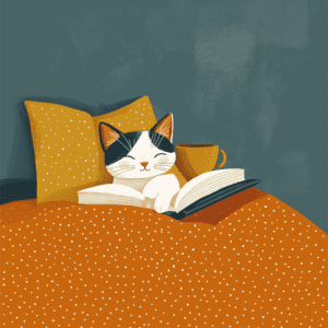 Cat Reading Snuggled up with Tea Book and Polka Dot Quilt