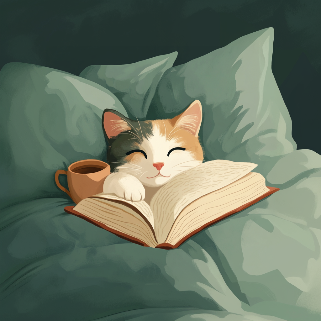 Snuggled Cat Reading with Tea Book Cozy Bookish Aesthetic