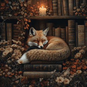 Fox Sleeping in Bookshelf Vintage Dark Academia Aesthetic