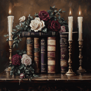 Dark Academia Book Stack Roses and Candles Moody Goth Art