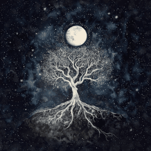 Cosmic Tree with Moon, Roots and Stars Nature Aesthetic