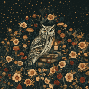 Owl Perched on Book Flowers Mushrooms Dark Bookish Aesthetic