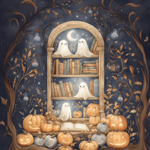 Spooky Cute Ghost Library with Pumpkins Whimsical Bookshelf