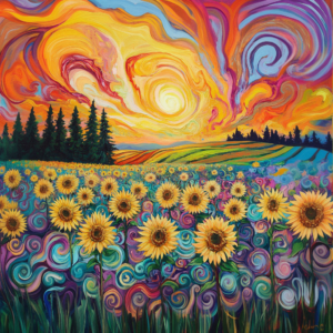 Colorful Sunflower Field with Swirling Abstract Sunset