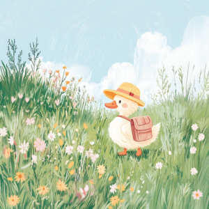 Adorable Duckling in Hat with Backpack in Flower Meadow