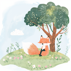 Charming Fox Sitting Under Tree in Floral Woodland Art