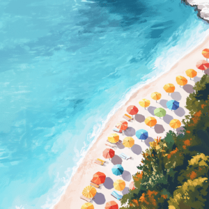 Colorful Beach Umbrellas Coastal Vacation Watercolor Scene