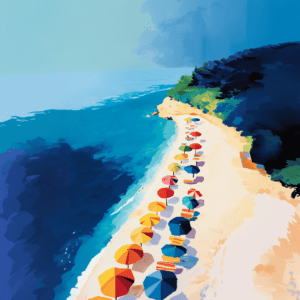 Coastal Vacation Vibes Colorful Beach Umbrellas and Sea