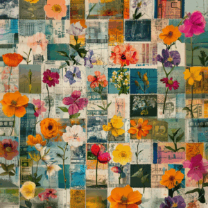 Vintage Floral Stamp Colorful Retro Botanical Collage