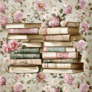Bookish Floral Rose Collage with Romantic Vintage Book Stack