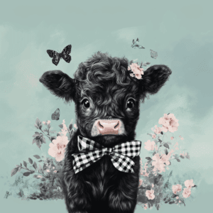 Cute Highland Cow with Bow Flowers and Pastel Cottagecore