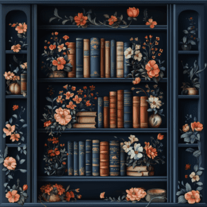 Dark Library Bookshelf with Vintage Books and Flowers