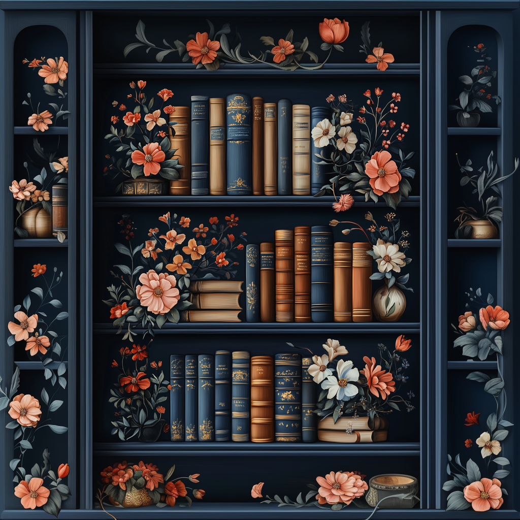 Dark Library Bookshelf with Vintage Books and Flowers