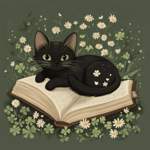 Whimsical Cat Book Daisies Clovers Bookish Green Background
