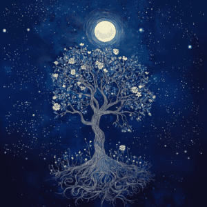 Floral Cosmic Tree with Roots Stars Moon Sky Aesthetic