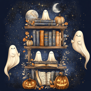 Halloween Magic Bookshelf Cute Ghosts Pumpkins Bookcase